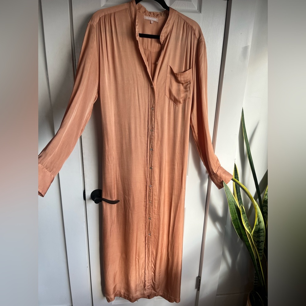 Cali Dreaming Women's Lightweight Silky Midi Shirt Dress in Dusty Peach